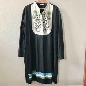 Tomas Maier Black Floral Bib Tunic Midi Dress Size 8 Long Sleeve 100% Cotton